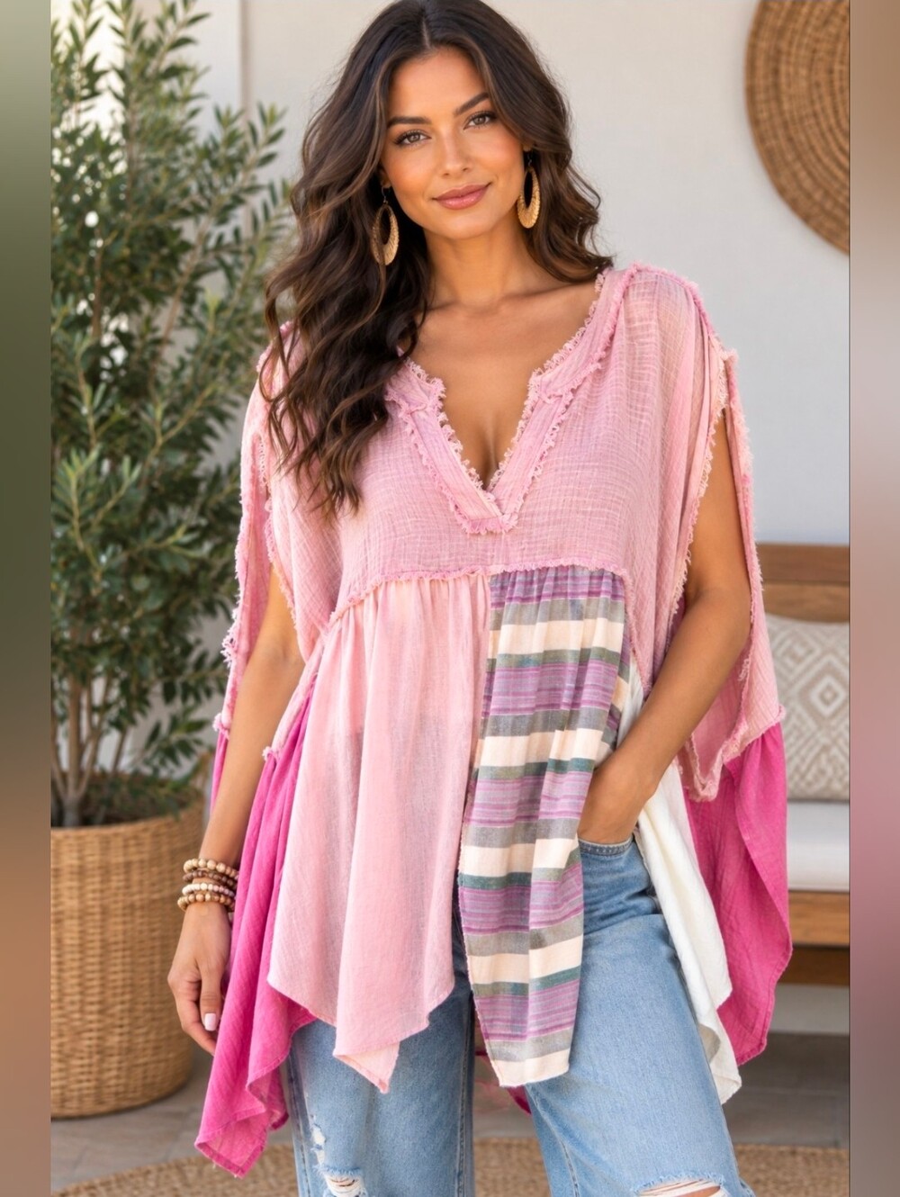 New!! Oli & Hali Oversized Mixed Fabric Babydoll Top in Pink, Sz Large